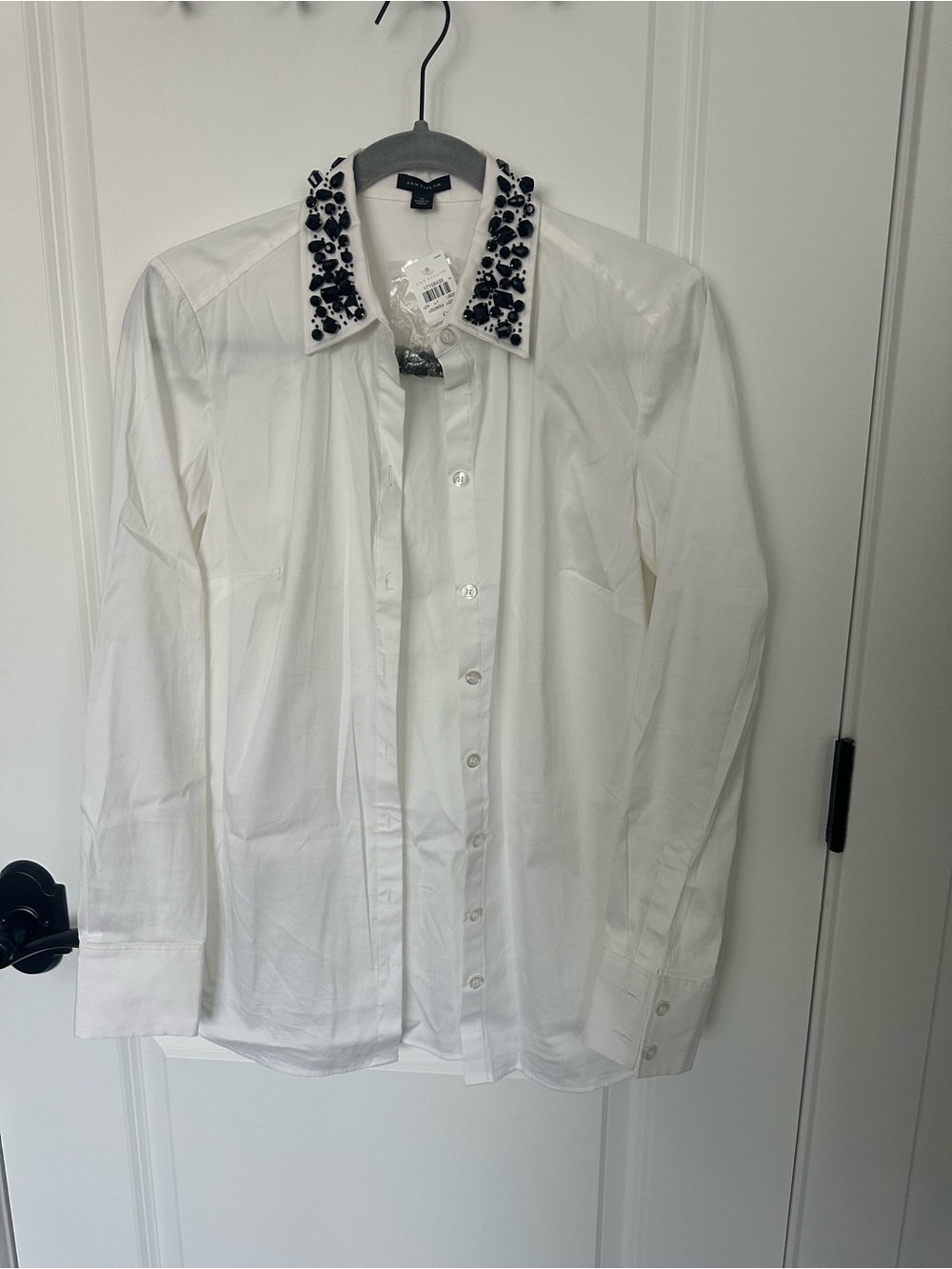 Ann Taylor White Dress Shirt with Black Jeweled Collar